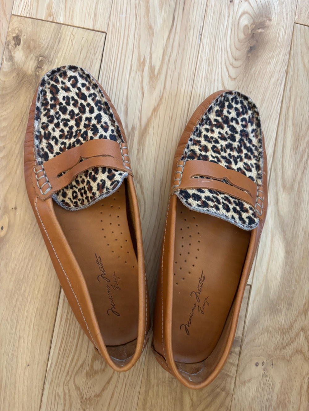 Massimo Matteo Tan Leather Penny Loafers with Leopard Accent